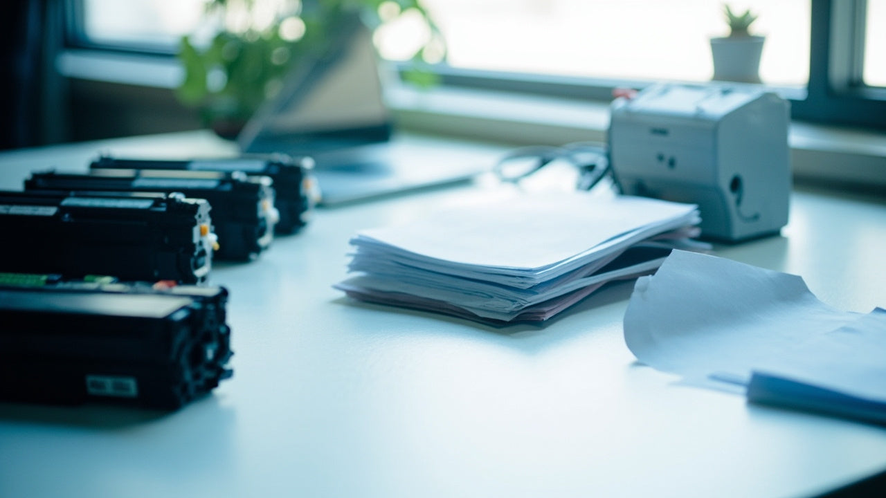 neat office desk with toner cartridges, paper, laptop under soft daylight