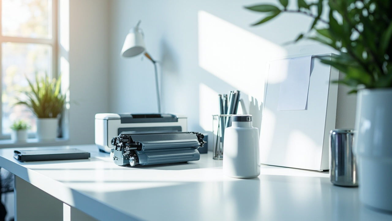 organized modern desk with office supplies, printer, and tech gadgets in natural light