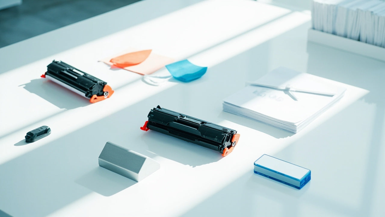 sunlit office desk with toner cartridges, tech devices, and crisp paper neatly arranged