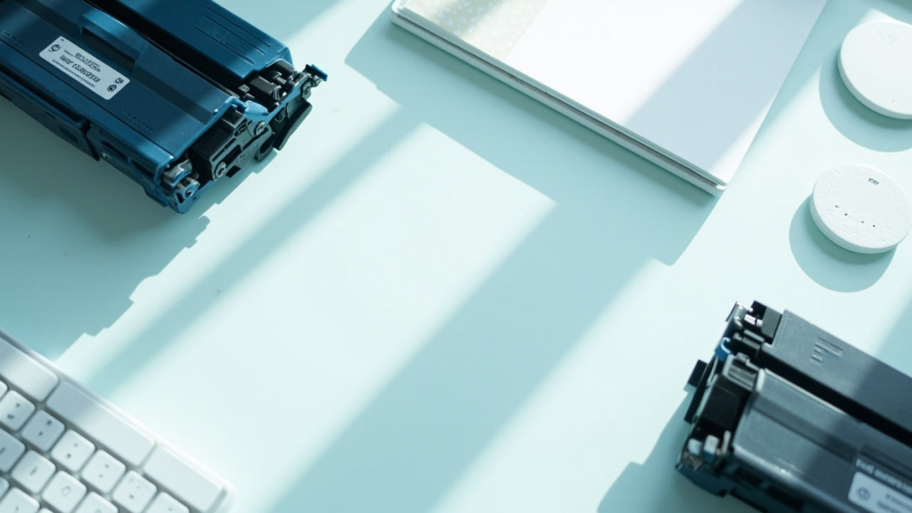 neatly arranged office supplies and toner cartridges on a sunlit, modern workspace desk