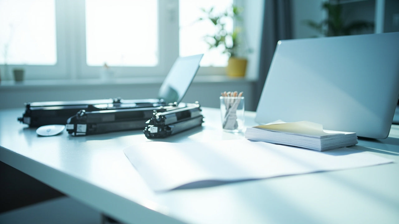 sunlit office desk with toner cartridges, paper, and tech gadgets in a modern setting