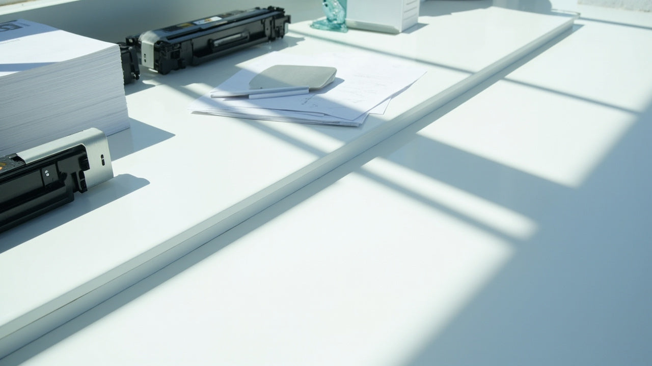 bright office desk with organized supplies and tech in a clean, modern setting