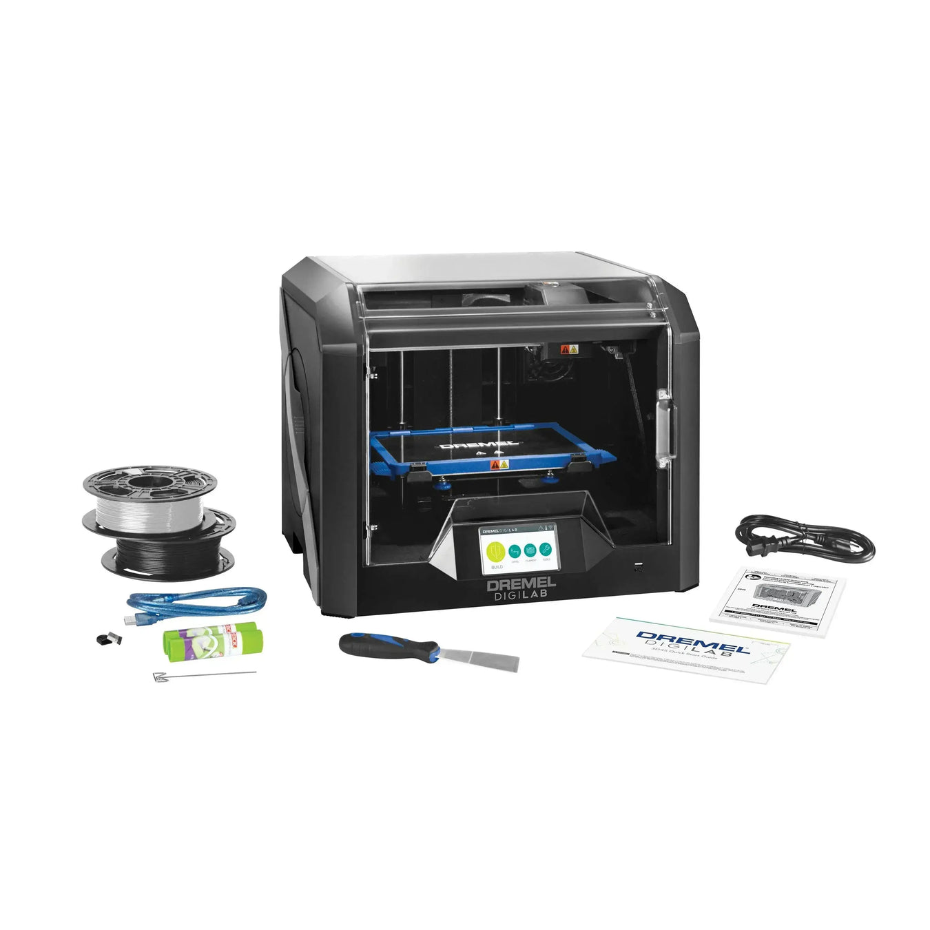 3D printer with spool of filament and tools, ideal for high-quality printing at home or in a workshop.