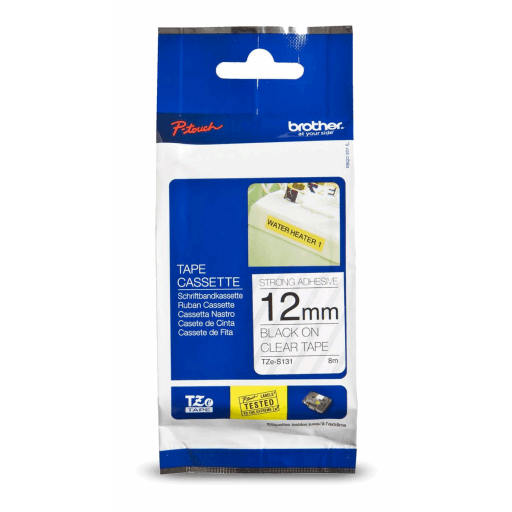 Brother Genuine TZe-S131 Black on Clear Extra Strength Adhesive Tape for P-touch Label Makers, 12 mm wide x 8 m long – – PTouch – Brother