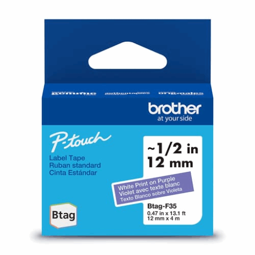 Brother Genuine BTAGF35 Non-Laminated Tape for P-touch Label Makers, White on Purple ? 12 mm wide x 4 m long – – PTouch – Brother