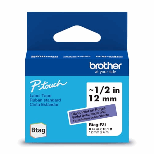 Brother Genuine BTAGF31 Non-Laminated Tape for P-touch Label Makers, Black on Purple ? 12 mm wide x 4 m long – – PTouch – Brother