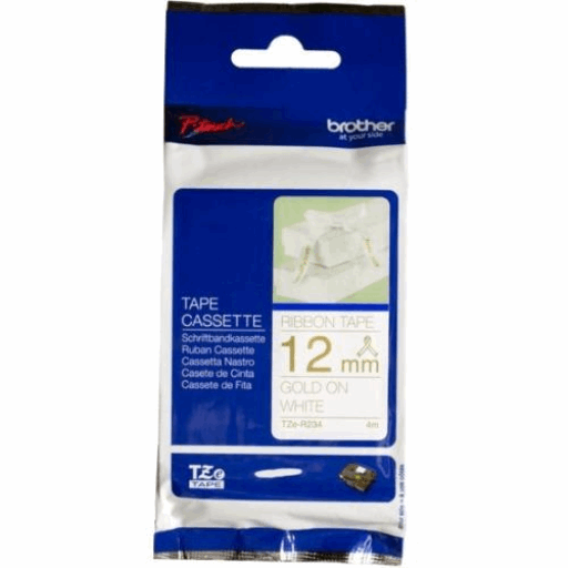 Brother Genuine TZER234 Decorative Gold on White Satin Ribbon for P-touch Label Makers, 12 mm wide x 4 m long – – PTouch – Brother