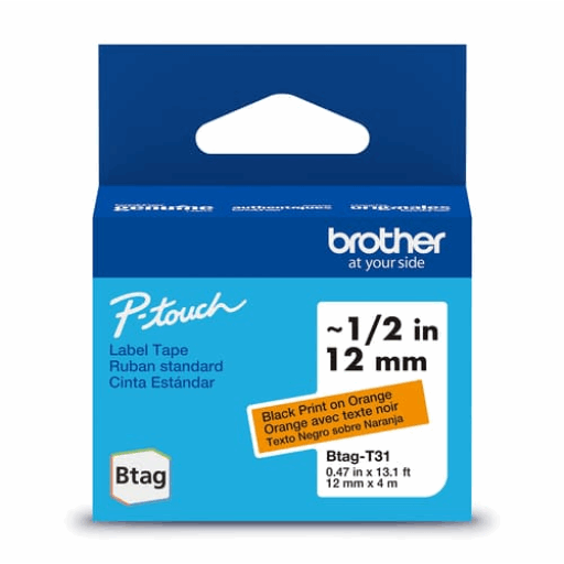 Brother Genuine BTAGT31 Non-Laminated Tape for P-touch Label Makers, Black on Orange ? 12 mm wide x 4 m long – – PTouch – Brother