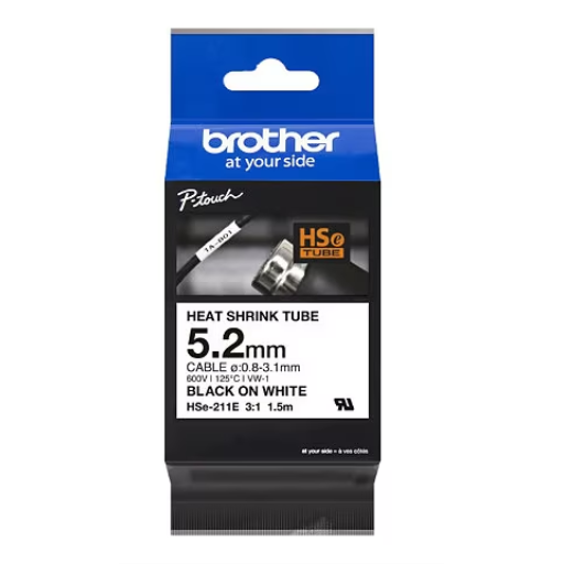 Brother HSE211E Black on White Heat Shrink Tube Label 5.2 mm x 1.5 m – – PTouch – Brother