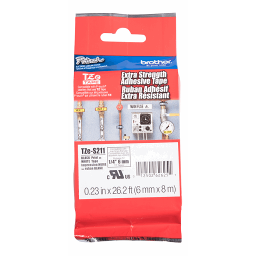 Brother Genuine TZe-S211 Black on White Extra Strength Adhesive Tape for P-touch Label Makers, 6 mm wide x 8 m long – – PTouch – Brother