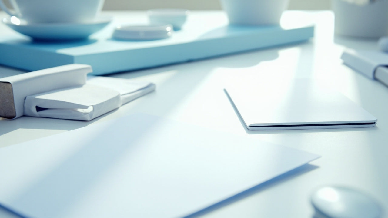 bright office desk with organized supplies, soft light, clean and professional atmosphere