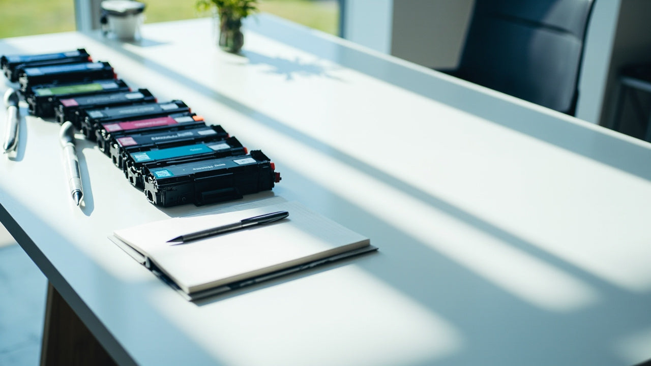 clean office desk with toner cartridges, tech devices, and supplies in soft daylight
