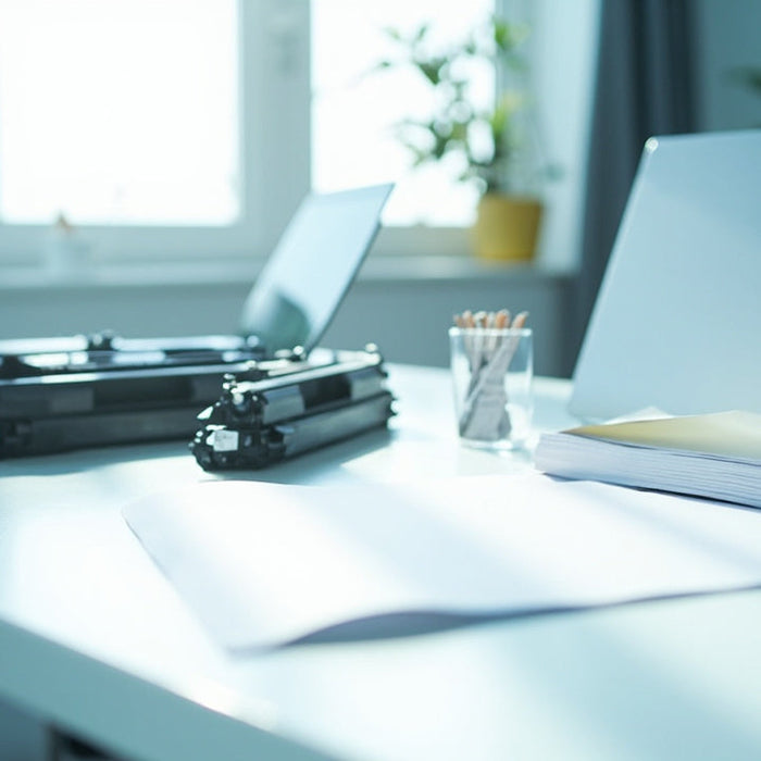 sunlit office desk with toner cartridges, paper, and tech gadgets in a modern setting