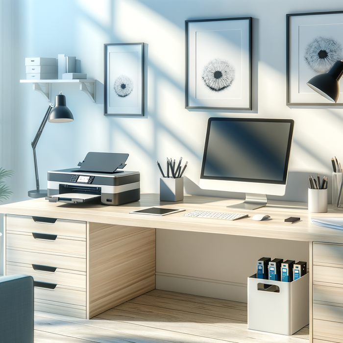 sunlit office desk with organized supplies and tech, evoking efficiency and calm