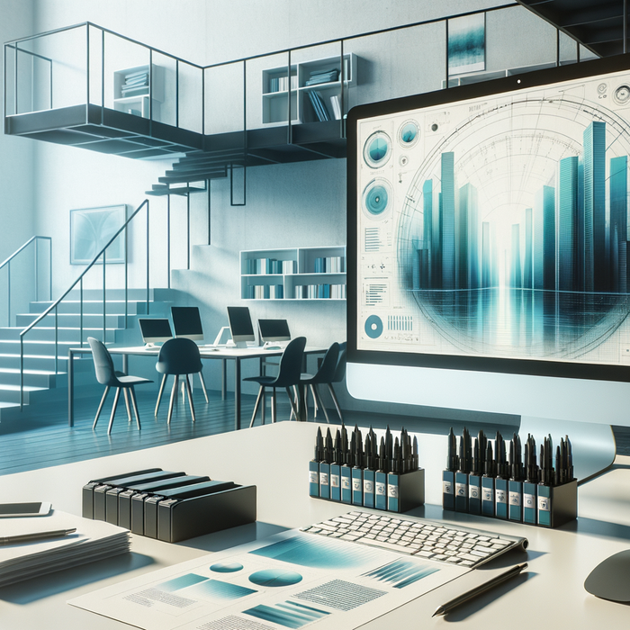 bright office desk with toner cartridges, tech gear, and paper in soft daylight