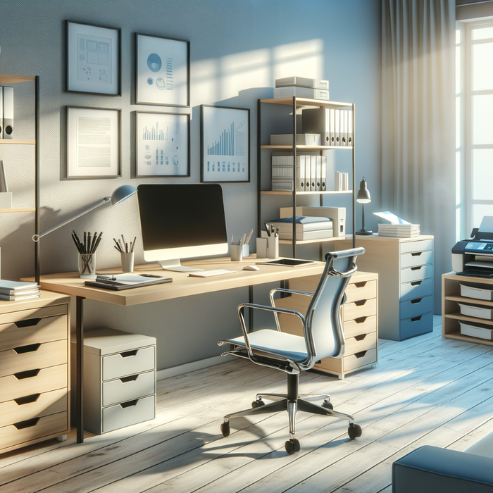 organized office desk with toner cartridges, paper, and tech in bright natural light