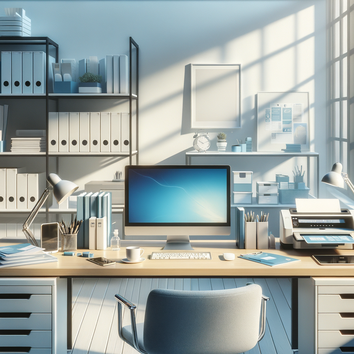bright modern desk with office supplies and tech in soft natural light