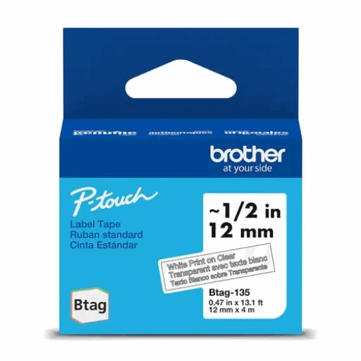 Brother Genuine BTAG135 Non-Laminated Tape for P-touch Label Makers, White on Clear ? 12 mm wide x 4 m long - Vonex