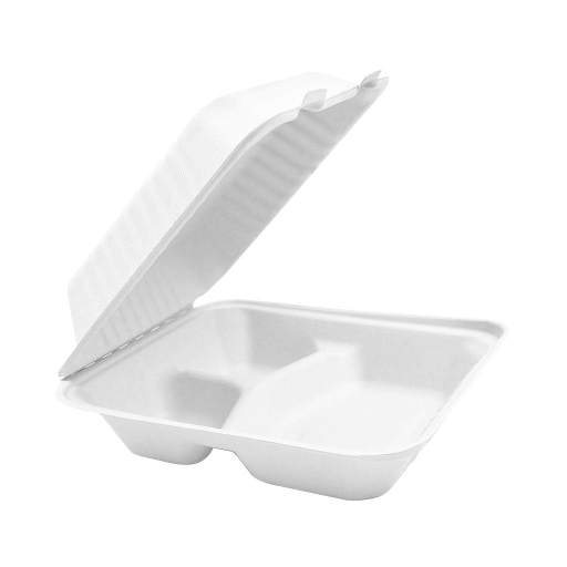 Compostable Hinged Containers - 9" x 9" x 3" / White / 3 Compartment - (Pack of 50) Globe Commercial Products