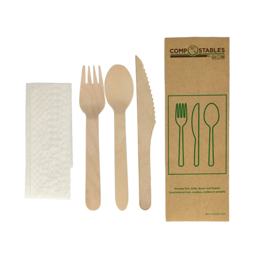 Compostable Wooden Cutlery Set- 6.5" Knife, Fork, Spoon and Napkin in Paper Bag (50 sets/pack) Globe Commercial Products