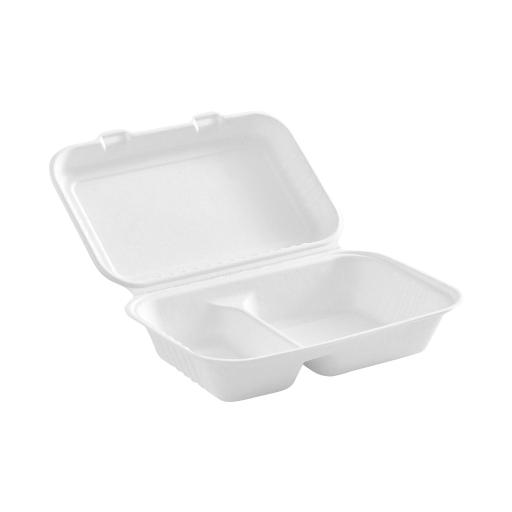 Compostable Hinged Containers - 9" x 6" x 3" / White / 2 Compartment - (Pack of 50) Globe Commercial Products