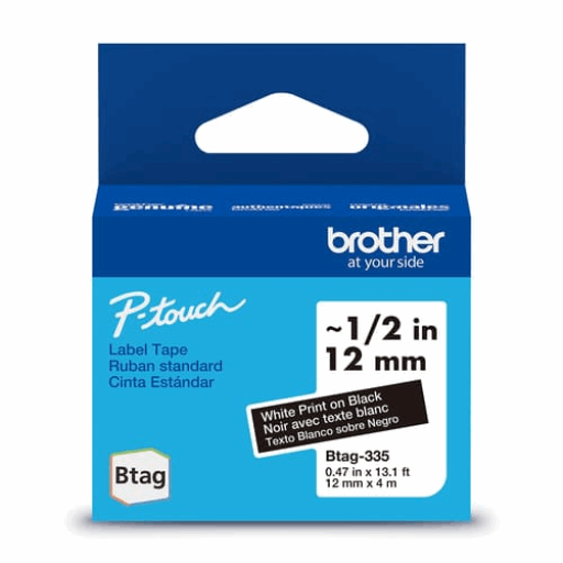 Brother Genuine BTAG335 Non-Laminated Tape for P-touch Label Makers, White on Black ? 12 mm wide x 4 m long Brother