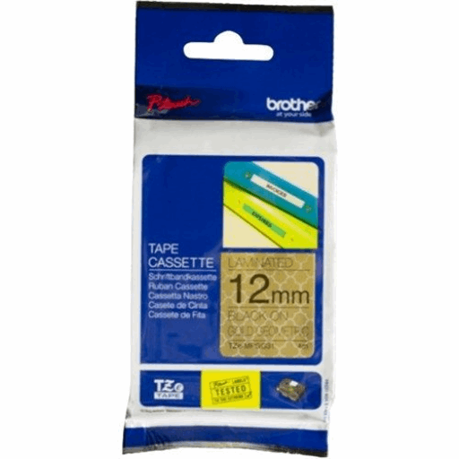 Brother Genuine TZeMPGG31 Black Print on Gold Geometric Patterned Tape for P-touch Label Makers, 12 mm wide x 4 m long Brother