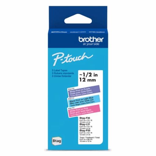 Brother Genuine BTAG3M02 Non-Laminated Tapes for P-touch Label Makers, Colour 3-Pack ? 12 mm wide x 4 m long Brother