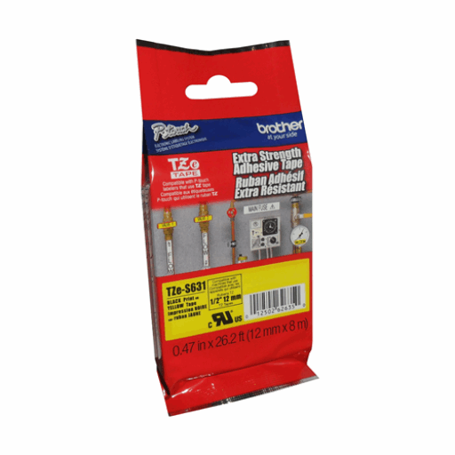 Brother Genuine TZe-S631 Black on Yellow Extra Strength Adhesive Tape for P-touch Label Makers, 12 mm wide x 8 m long Brother