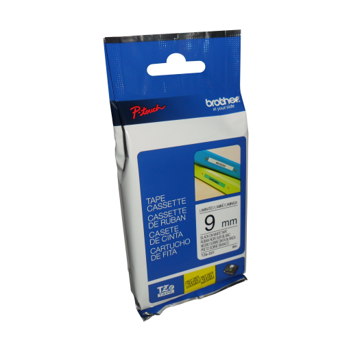 Brother Genuine TZe221 Black on White Laminated Tape for P-touch Label Makers, 9 mm wide x 8 m long Brother
