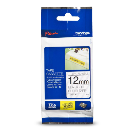 Brother Genuine TZe-S131 Black on Clear Extra Strength Adhesive Tape for P-touch Label Makers, 12 mm wide x 8 m long Brother