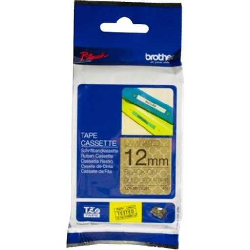 Brother Genuine TZeMPGG31 Black Print on Gold Geometric Patterned Tape for P-touch Label Makers, 12 mm wide x 4 m long Brother