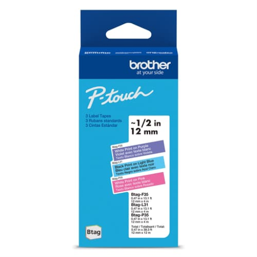 Brother Genuine BTAG3M02 Non-Laminated Tapes for P-touch Label Makers, Colour 3-Pack ? 12 mm wide x 4 m long Brother
