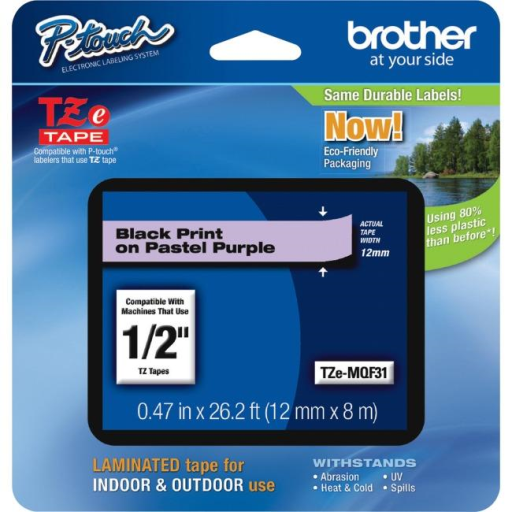 Brother Genuine TZEMQF31 Black Print on Pastel Purple Tape for P-touch Label Makers, 12 mm wide x 4 m long Brother
