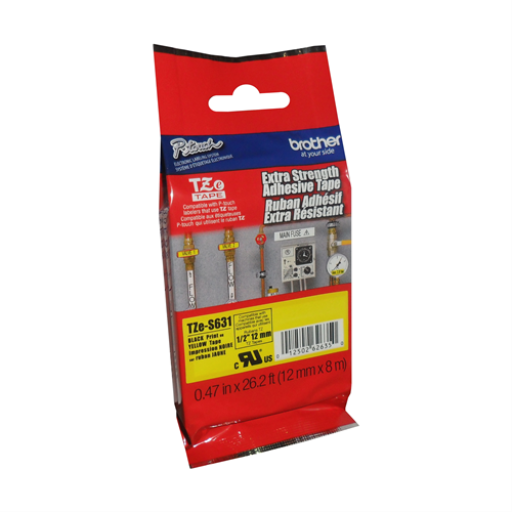 Brother Genuine TZe-S631 Black on Yellow Extra Strength Adhesive Tape for P-touch Label Makers, 12 mm wide x 8 m long Brother