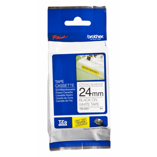 Brother Genuine TZe-S251 Black on White Extra Strength Adhesive Tape for P-touch Label Makers, 24 mm wide x 8 m long Brother