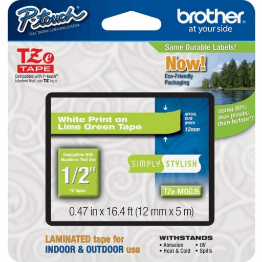 Brother Genuine TZEMQG35 White Print on Lime Green Tape for P-touch Label Makers, 12 mm wide x 4 m long Brother