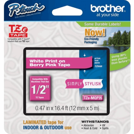 Brother Genuine TZEMQP35 White Print on Berry Pink Tape for P-touch Label Makers, 12 mm wide x 4 m long Brother