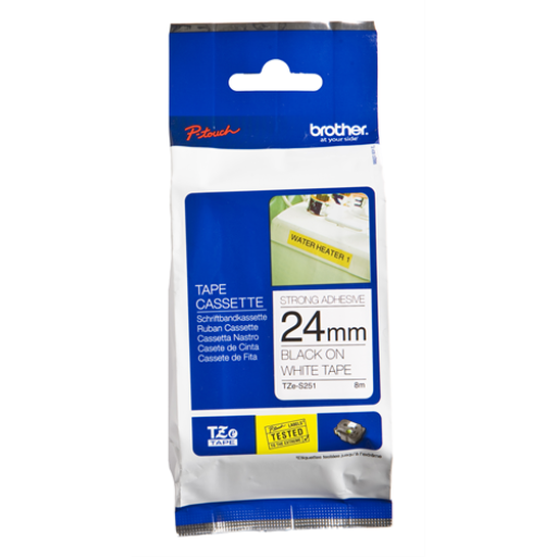 Brother Genuine TZe-S251 Black on White Extra Strength Adhesive Tape for P-touch Label Makers, 24 mm wide x 8 m long Brother