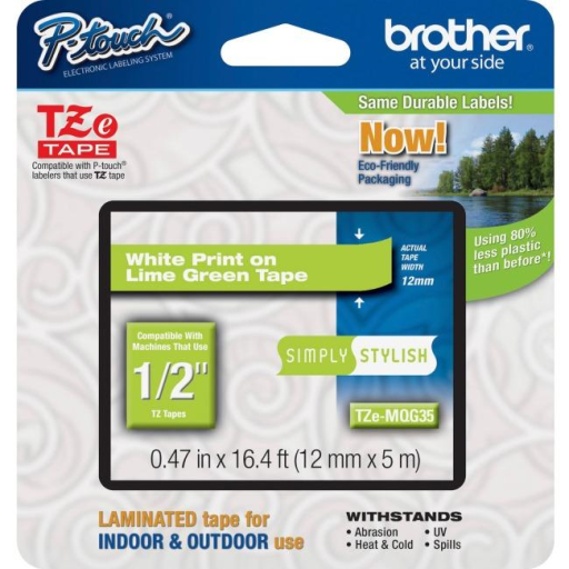 Brother Genuine TZEMQG35 White Print on Lime Green Tape for P-touch Label Makers, 12 mm wide x 4 m long Brother