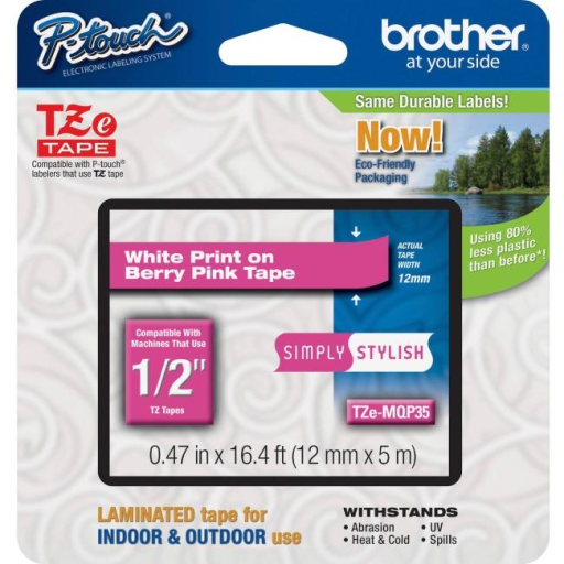 Brother Genuine TZEMQP35 White Print on Berry Pink Tape for P-touch Label Makers, 12 mm wide x 4 m long Brother