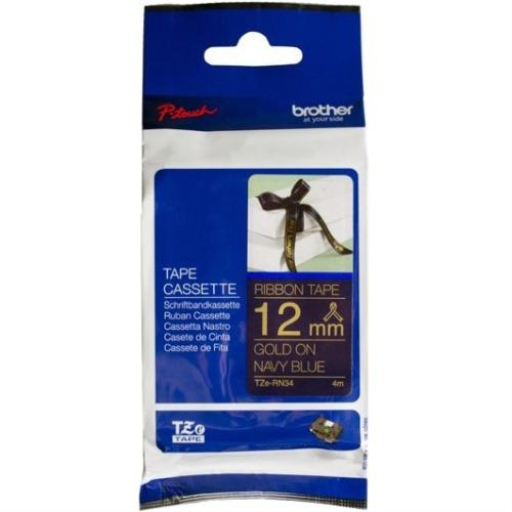 Brother Genuine TZERN34 Decorative Gold on Navy Blue Satin Ribbon for P-touch Label Makers, 12 mm wide x 4 m long Brother