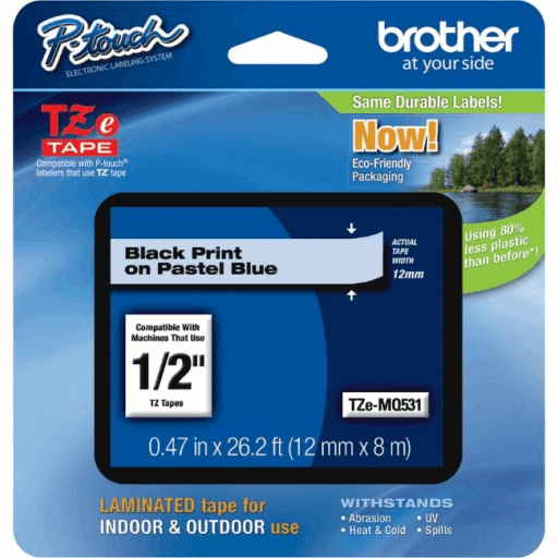 Brother Genuine TZeMQ531 Black Print on Pastel Blue Tape for P-touch Label Makers, 12 mm wide x 4 m long Brother