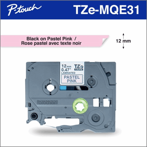 Brother Genuine TZEMQE31 Black Print on Pastel Pink Tape for P-touch Label Makers, 12 mm wide x 4 m long Brother