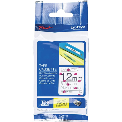 Brother Genuine TZeMPPH31 Black Print on Pink Hearts Tape for P-touch Label Makers, 12 mm wide x 4 m long Brother