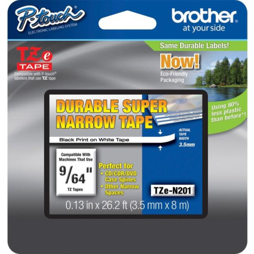 Brother Genuine TZeN201 Black on White Non-Laminated Super-Narrow 3 mm Tape for P-touch Label Makers Brother