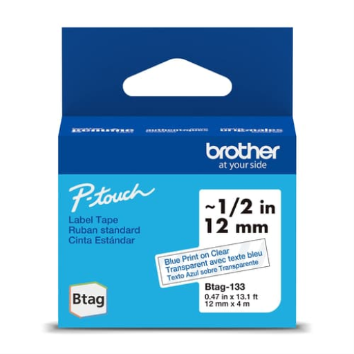 Brother Genuine BTAG133 Non-Laminated Tape for P-touch Label Makers, Blue on Clear ? 12 mm wide x 4 m long Brother