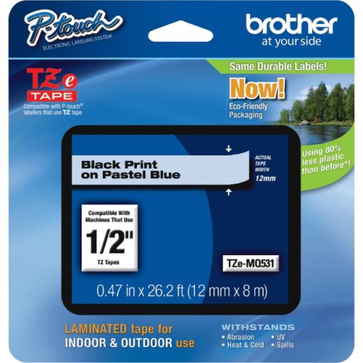 Brother Genuine TZeMQ531 Black Print on Pastel Blue Tape for P-touch Label Makers, 12 mm wide x 4 m long Brother