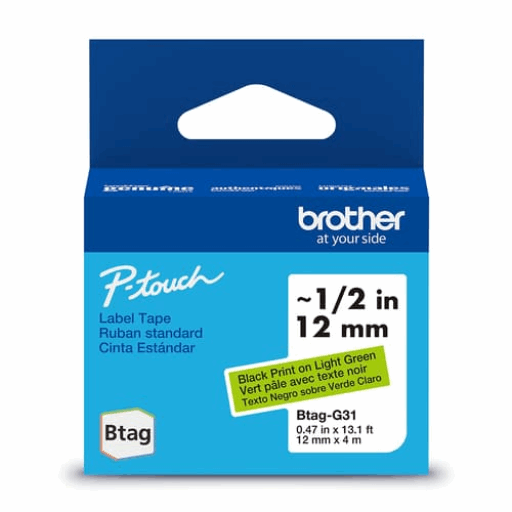 Brother Genuine BTAGG31 Non-Laminated Tape for P-touch Label Makers, Black on Green ? 12 mm wide x 4 m long Brother