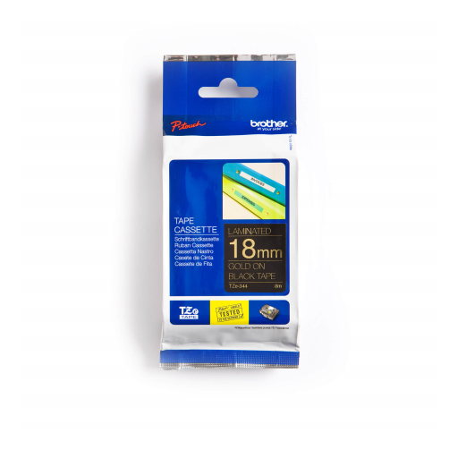 Brother Genuine TZe344 Gold on Black Laminated Tape for P-touch Label Makers, 18 mm wide x 8 m long Brother